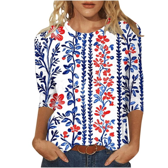 Tauxra Casual T-Shirt for Women with 3/4 Sleeve and Independence Day Print, Round Neck Blouse for Everyday Wear in Blue