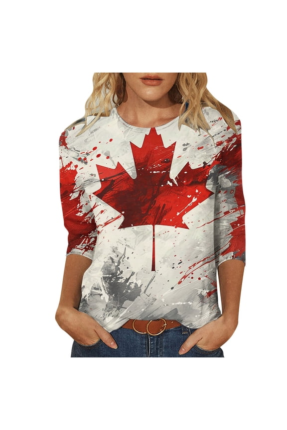 Casual T-Shirt for Women with 3/4 Sleeve and Maple Leaf Print, Round Neck Pullover Top in Red