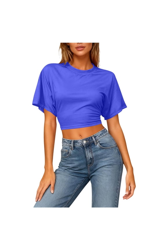 Casual T-Shirt for Women with Backless and Front Cut-Out Design, Short Sleeve Round Neck Batwing Sleeve Top in Solid Colors for Summer