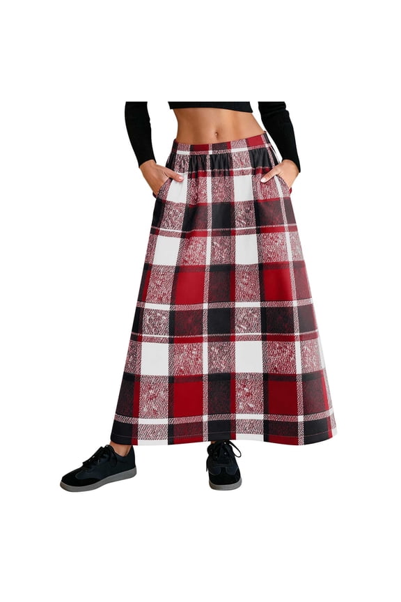 Checkered Skirt for Women with Buttoned Pockets and Elastic Waistband, Wool Twill Fabric for Casual and Office Wear, Red Plaid Midi Skirt