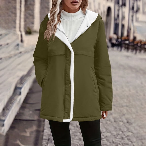 Tauxra Coats for Women,Women's Coat,Long Sleeve Hooded Solid Color Mid Length Fleece Lined Pockets