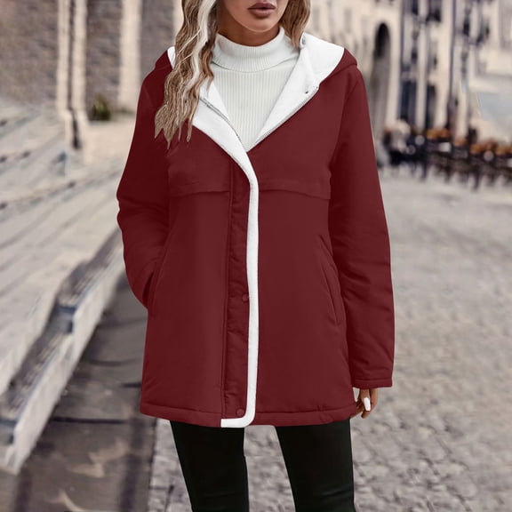 Tauxra Coats for Women,Women's Coat,Long Sleeve Hooded Solid Color Mid Length Fleece Lined Pockets