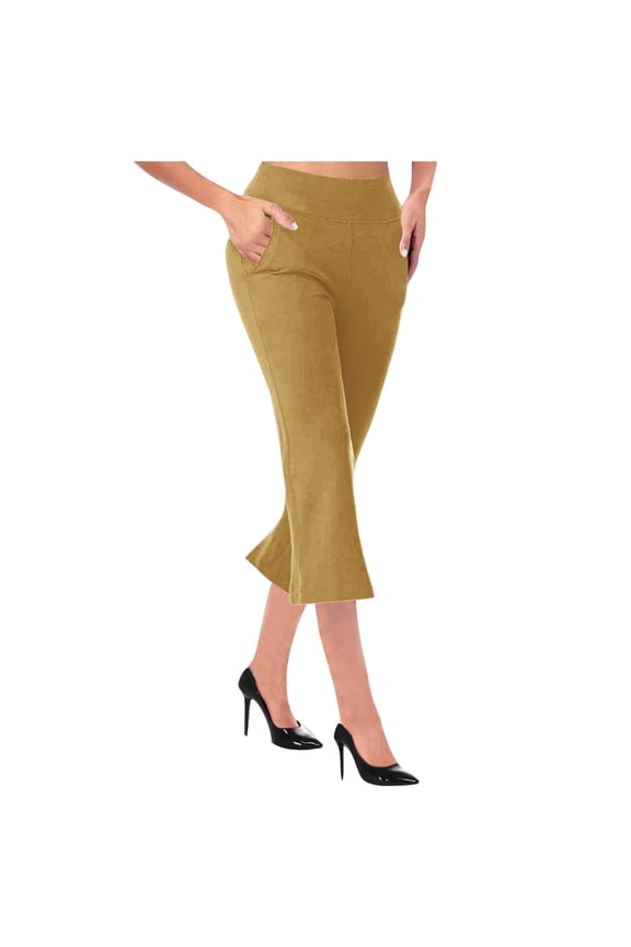 Cropped Flare Pants for Women with Elastic Waist and Pockets, Casual Polyester Trousers for Daily Wear