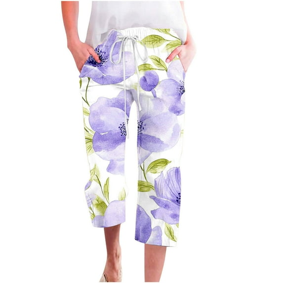 Tauxra Cropped Pants for Women, Linen-Blend Gradient Print Loose Fit with Drawstring Waist for Casual Wear and Lounge