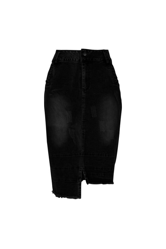 Denim Skirt for Women High Waist Ripped Bodycon Street Style with Distressed Hem and Stretch Fabric in Black