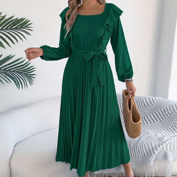 Tauxra Dress for Women, Elegant Ruffled Rectangular Collar Fall Winter with Waist Pleated Detail, Women's Dress
