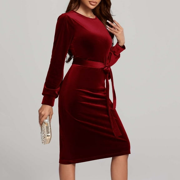 Tauxra Dress for Women,Long Dress for Women,Women Long Sleeve Round Neck Velvet Dress,Cinched Waist Lace Up Formal Gown,Velvet Dress for Women