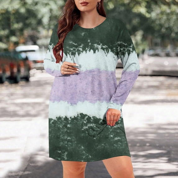 Tauxra Dress for Women,Womens Fall Dress,Women Plus Size Round Neck Tie Dye Print Dress,Fall Winter Loose,Winter Dress for Women