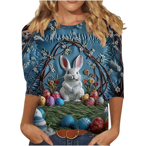 Tauxra Easter Pullover for Women 3/4 Sleeve Round Neck Casual Printed Shirt with Colorful Holiday Design for Spring and Daily Wear