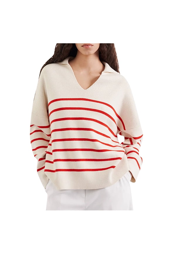 Fall Sweaters for Women,Womens Fall Fashion,Women's Striped V Neck Long Sleeve Knit Sweater,Fall Winter Loose Top,Long Sweaters for Women