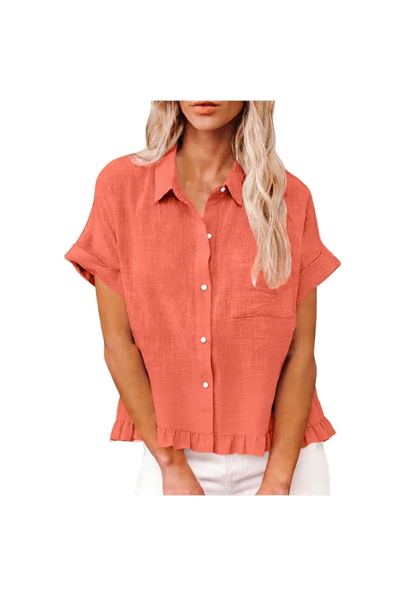 Flared Collar Shirt for Women with Front Pocket and Hem Fringe, Short Sleeve Casual Top for Spring and Summer in Solid Colors