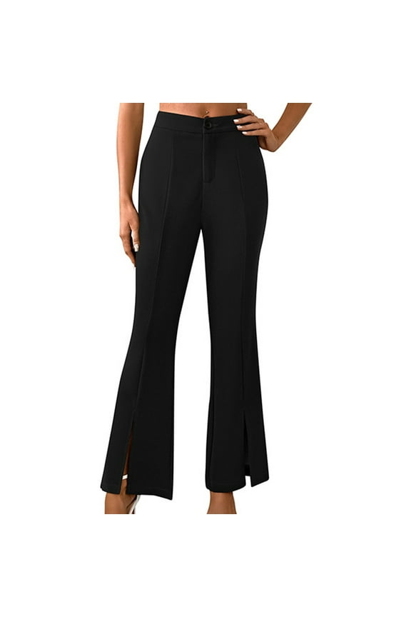 Flared Pants for Women High Waisted Cropped with Front Split, Stretchy Polyester Wide Leg Trousers for Casual and Office Wear