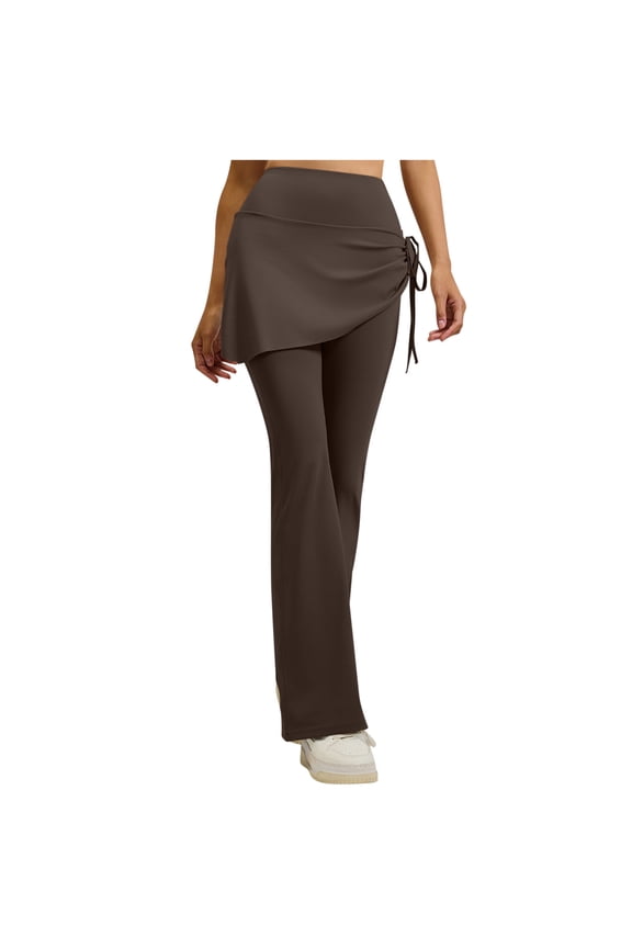 Flared Yoga Pants for Women High Waisted Fake Two-Piece Design with Ruching and Tummy Control for Casual Wear and Exercise