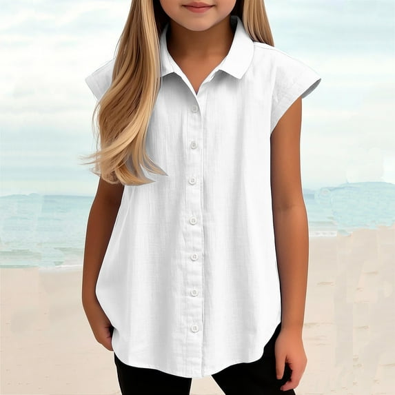 Tauxra Girls' Button-Down Shirts Boys and Girls Short Sleeve Turn Down Collar Shirts Kids Loose Solid Color Tunic Tops Aged 3-14 Years