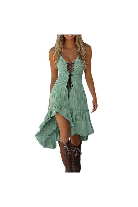 Gothic Dress For Women with Lace Trim and Asymmetrical Hem, Sleeveless Midi Beach Party Dress in Solid Green