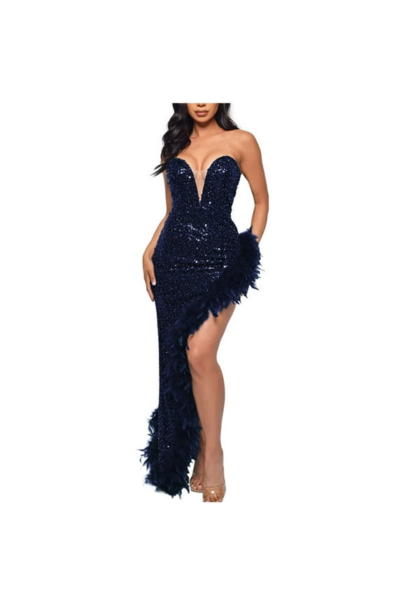 Halter Dress for Women, Sleeveless High-Slit Long Dress with Back Knot and Open Back Design, Evening Gown in Navy Blue