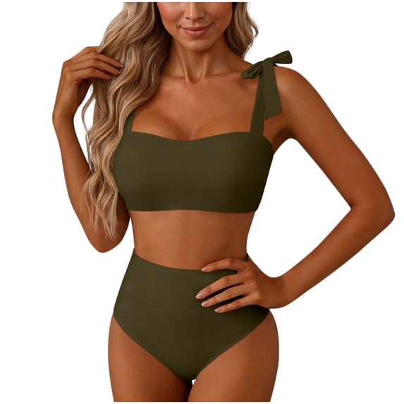 Tauxra High Waisted 2 Piece Swimsuits for Women, Backless Tummy Control Bathing Suits with Removable Pads Solid Color