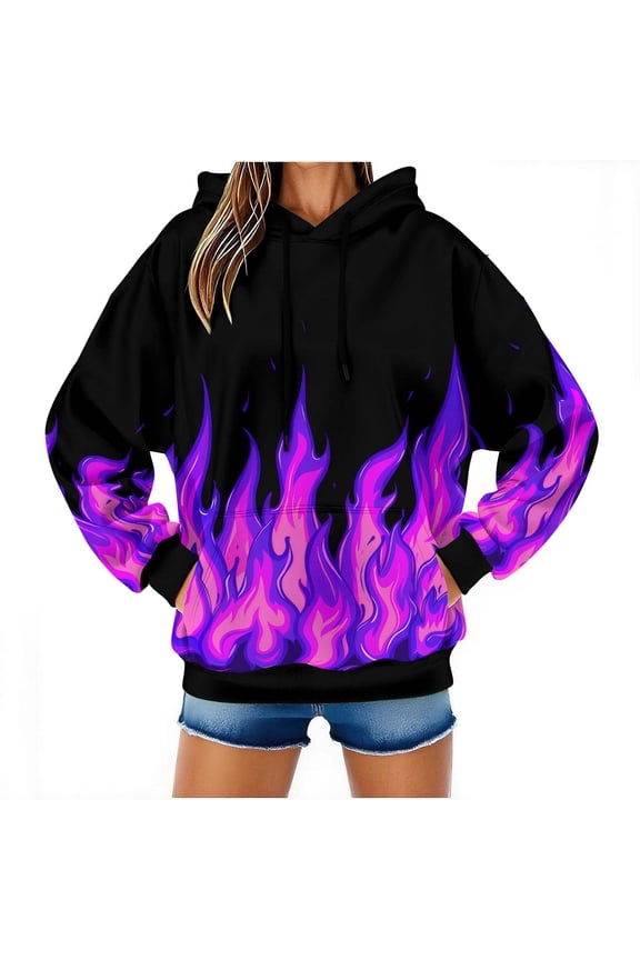 Hooded Sweater for Men and Women with Flame Print and Pocket, Casual Pullover Top for Fall and Winter