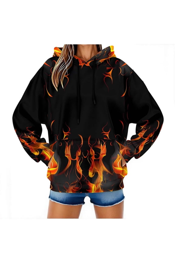 Hooded Sweater for Men and Women with Flame Print and Pocket, Long Sleeve Pullover Top for Fall and Winter Casual Wear