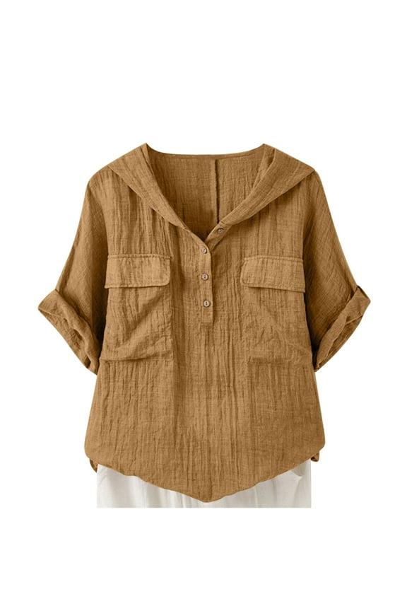 Hooded Tunic Shirt for Women, V-Neck Short Sleeve Loose Fit Button Front with Pockets, Linen-Cotton Blend Casual and Work Blouse