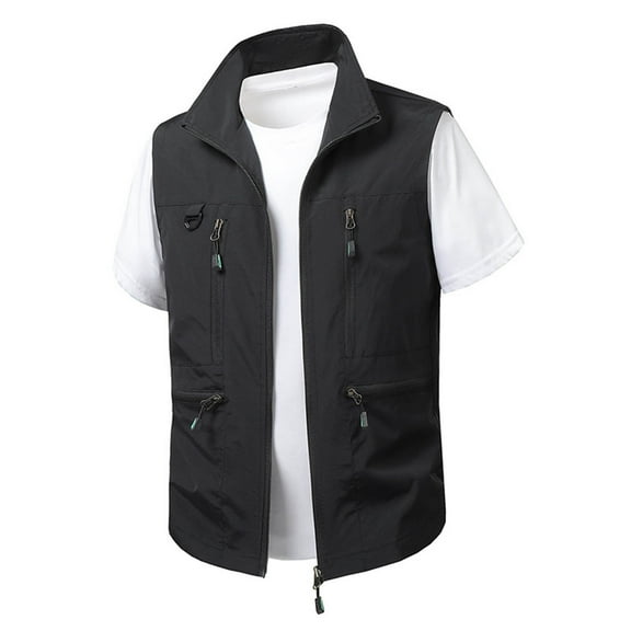 Tauxra Jackets for Men,Men's Vest,Sleeveless Solid Color Stand Collar Multiple Pocket Lightweight,Jackets for Men Fashion