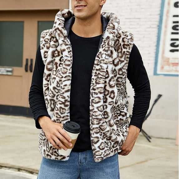Tauxra Jackets for Men,Winter Jackets for Men,Men's Faux Fur Vest, Print V Neck Winter,Mens Winter Coats