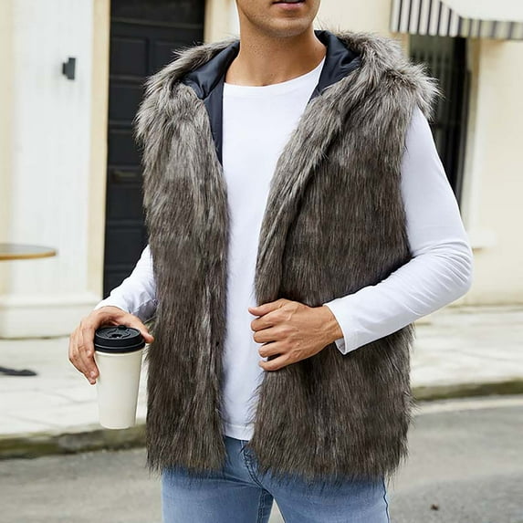Tauxra Jackets for Men,Winter Jackets for Men,Men's Faux Fur Vest, Solid Color Stand Collar Winter,Mens Winter Coats
