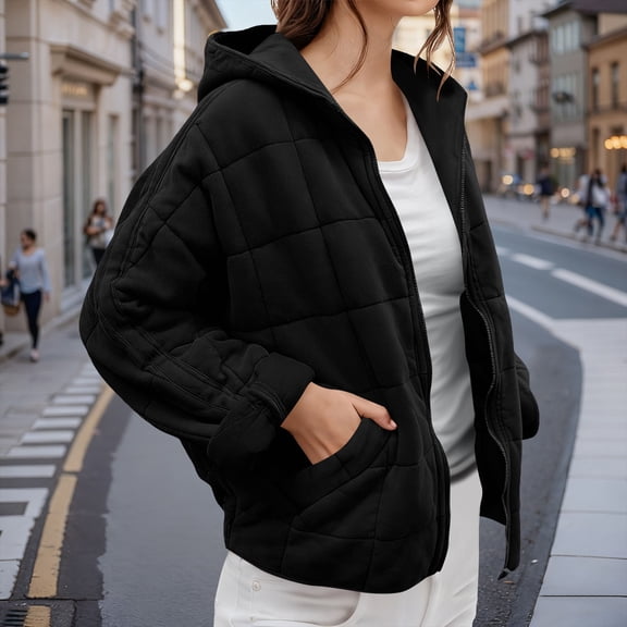 Tauxra Jackets for Women Fashion,Women's Padded Jacket,Long Sleeve Solid Color Hooded with Pockets,Lightweight Jacket Women