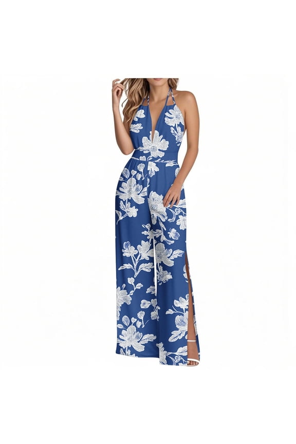 Jumpsuit for Women with Wide Leg and Backless Design, Printed Sleeveless Overalls with Shoulder Straps and Split Cuffs for Casual Wear