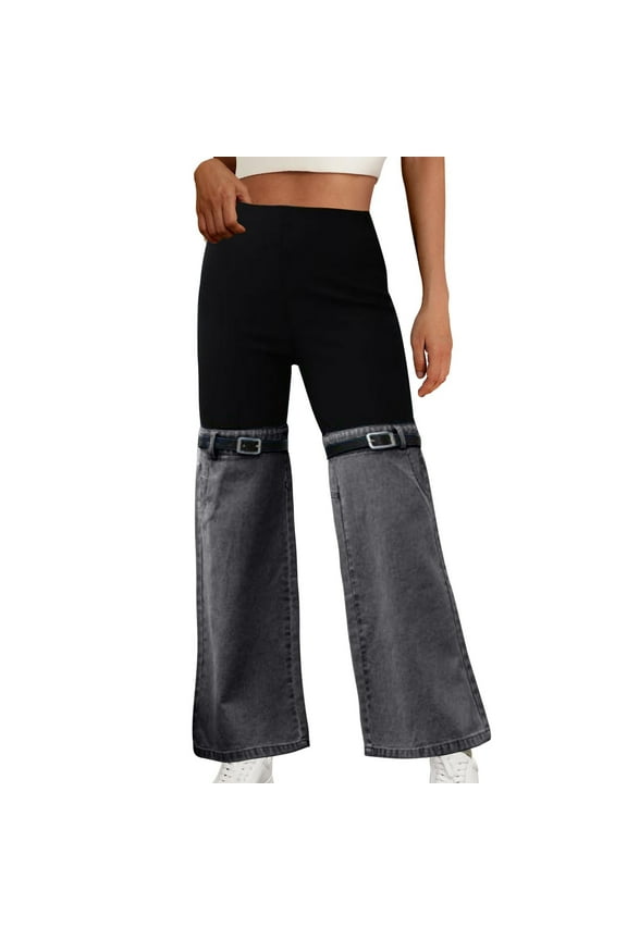 Knit Wide Leg Pants for Women with Denim Patchwork and Elastic Waist, Casual High-Waisted Trousers for Spring and Winter