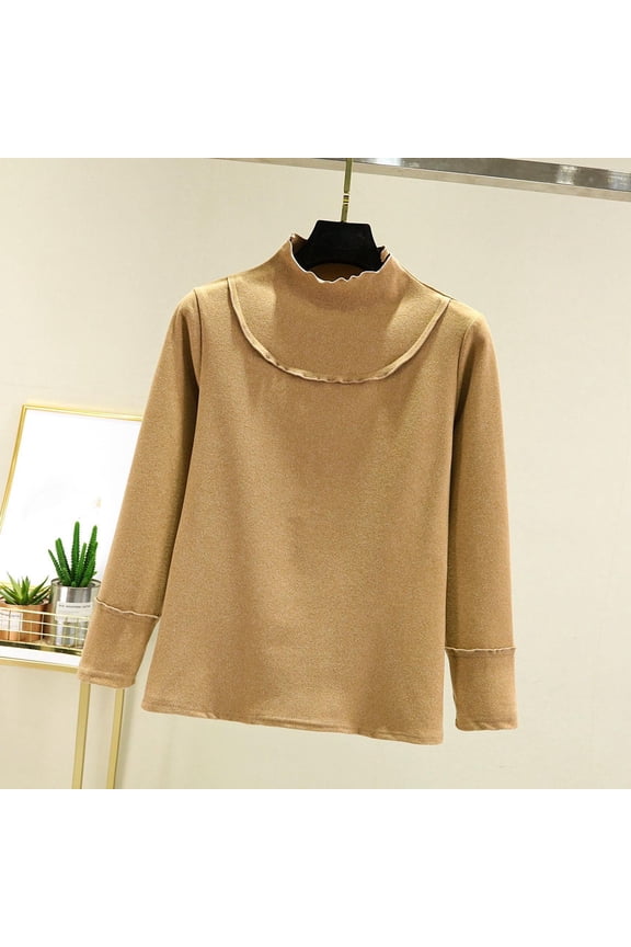 Ladies Tops and Blouses,Women's Top,Long Sleeve Semi High Neck Solid Color Plush Thermal Base,Thermal Undershirt for Women