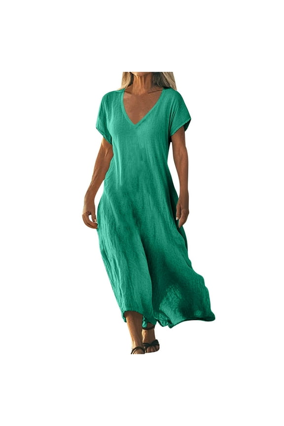 Linen Blend Dress for Women, Solid Color Short Sleeve V-Neck Midi, Casual Shift Dress for Office or Daily Wear