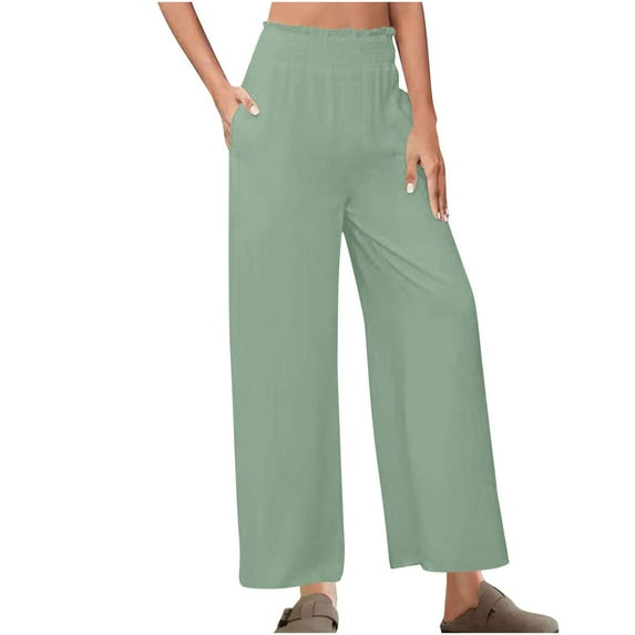 Tauxra Linen Blend Pants for Women, Loose Fit High Waist with Flower Bud Waist Strap, Casual Wide Leg Trousers in Solid Colors