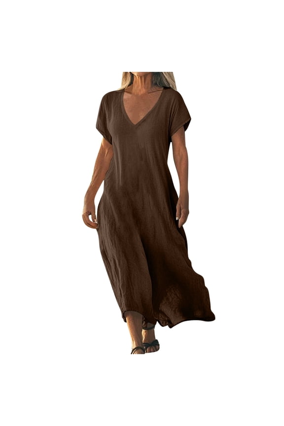 Linen Blend V-Neck Dress for Women, Short Sleeve Casual Shift Dress with Solid Color, Breathable and Comfortable for Daily Wear
