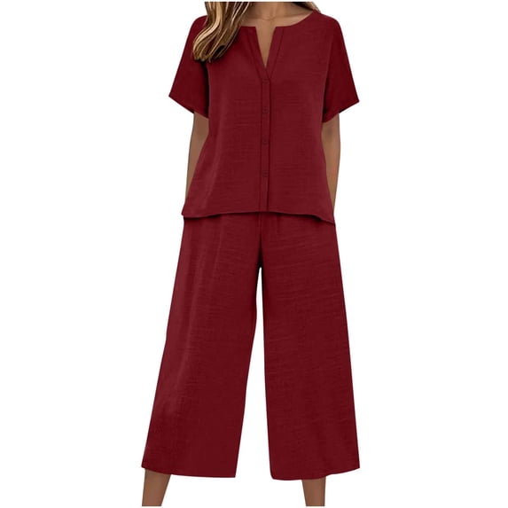 Tauxra Linen Two-Piece Set for Women, Short Sleeve Button-Up Shirt and Pocket Pants, Loose Fit Casual Matching Outfit in Solid Color