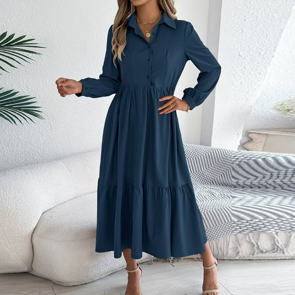 Tauxra Long Dress for Women,Dress for Women,Women's Solid Solor Button Long Sleeve Turndown Collar Dress Ruffles Dress,Collar for Women
