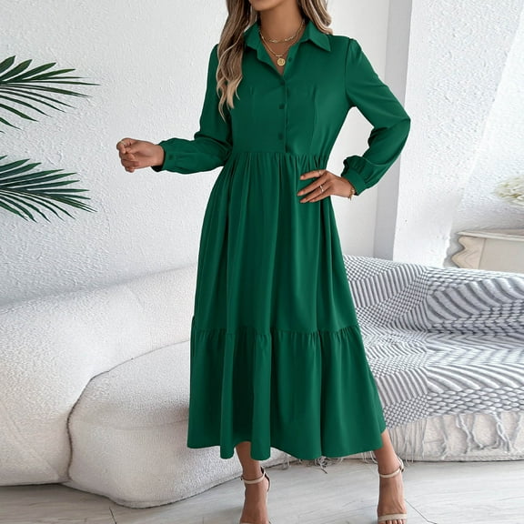 Tauxra Long Dress for Women,Dress for Women,Women's Solid Solor Button Long Sleeve Turndown Collar Dress Ruffles Dress,Collar for Women