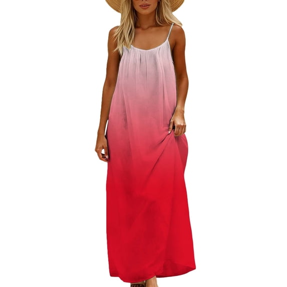 Tauxra Long Flowy A-Line Sundress, Spaghetti Strap Sleeveless Backless, for Women, Beach Casual Summer Wear