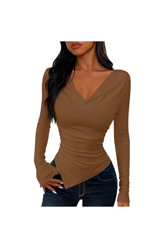 Long Sleeve Tops for Women,Women's Top,Long Sleeve Round Neck Asymmetric Fitted,Fall Womens Tops