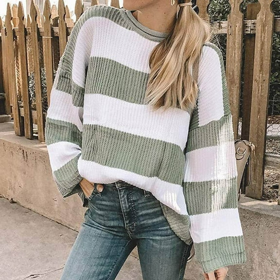 Tauxra Long Sweaters for Women,Striped Sweater Women,Women's Color Block Striped Round Neck Long Sleeve Knit Sweater,Flare Sleeve,Winter Sweaters for Women