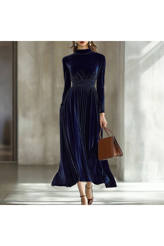 Long Velvet Dress for Women, Maxi Dress with Belt for Elegant and Casual Look, Soft Fabric with Round Neck for Daily Wear or Special