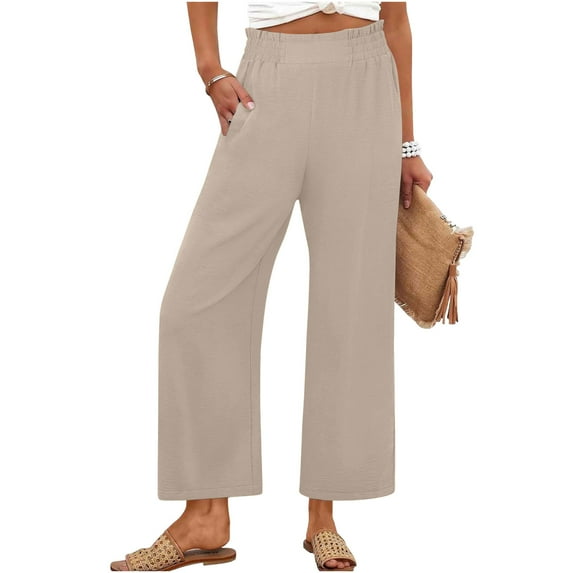 Tauxra Loose Straight Leg Pants for Women, Summer Solid Color with Pockets, Ruffles and Pleats, Casual High Waist Trousers
