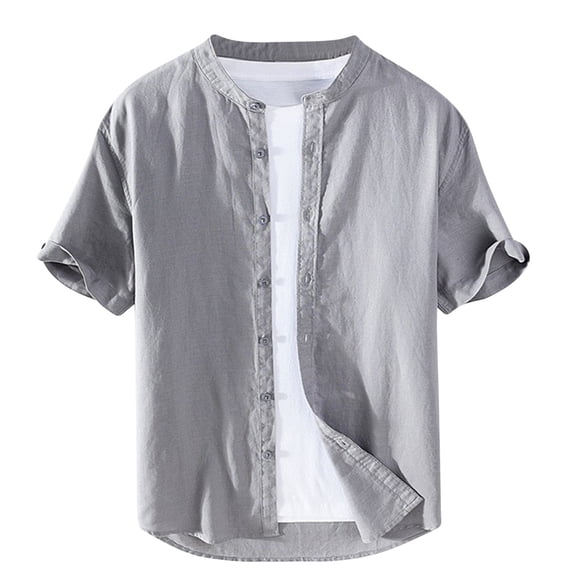 Tauxra Men's 100% Linen Shirt Casual Summer Button Down Regular Fit Long Sleeve Shirt Short Sleeve Shirt Gray S