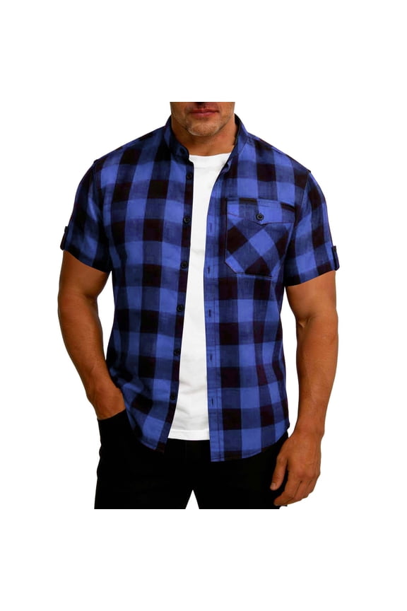 Men's Casual Shirts, Short Sleeve Plaid Button Down Shirt, Patchwork Style with Pocket, Polyester Fabric for Everyday Wear and Outdoor Activities