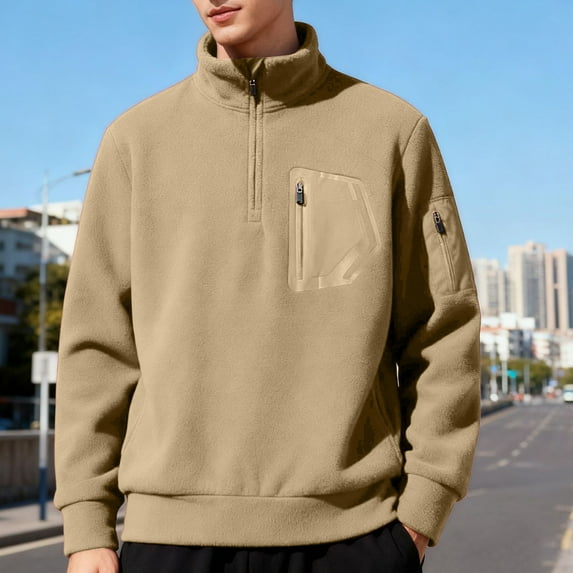 Tauxra Men's Fleece Jacket, Casual Fashionable Solid Color Pocket Zipper Thick Top, Men's Stand Up Collar Blouse