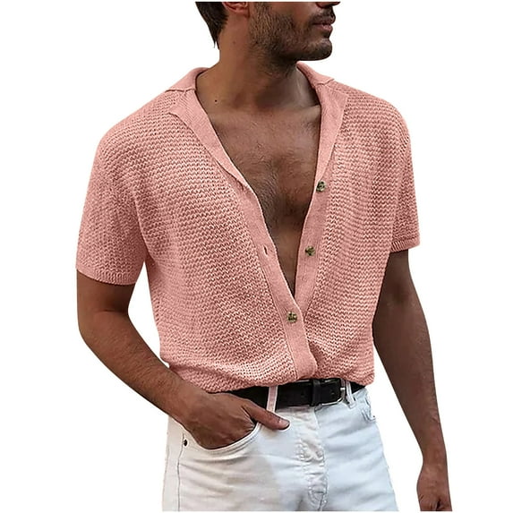 Tauxra Men's Knit Hollow Breathable Shirts Casual Loose Short Sleeve T-Shirts Fashion Button Wicking Tees Blouse Pink 2XL