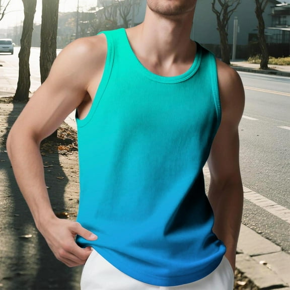 Tauxra Men's Round Neck Wide Shoulder Knitted Stripe Gradient Slim Fitness Tank, Casual