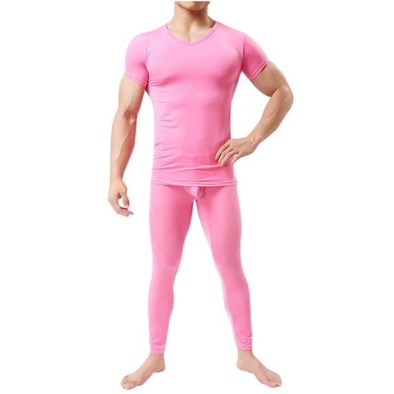 Tauxra Men's Underwear Shirts Short Sleeve T-Shirt Mesh Sheer Top Undershirt and Pants Sleepwear Sets Hot Pink S