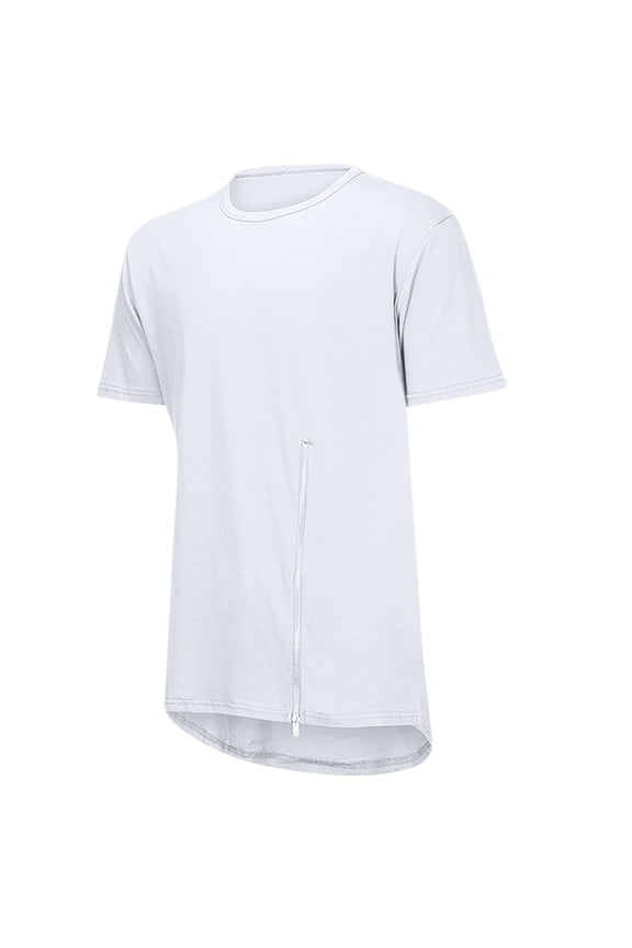 Men's Short Sleeve Drop Cut Irregular Hem Long Scallop T-Shirts Casual Loose Athletic Tee with Zipper White L