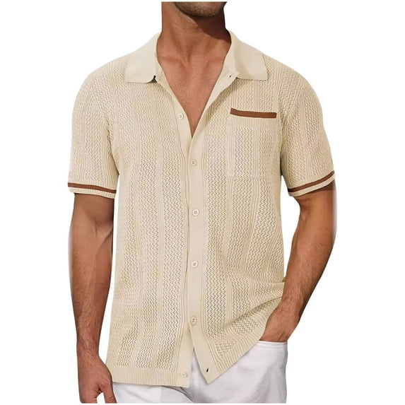 Tauxra Men's Short Sleeve Knit Shirts Vintage Button Down Shirt Casual Beach Tops Khaki XL